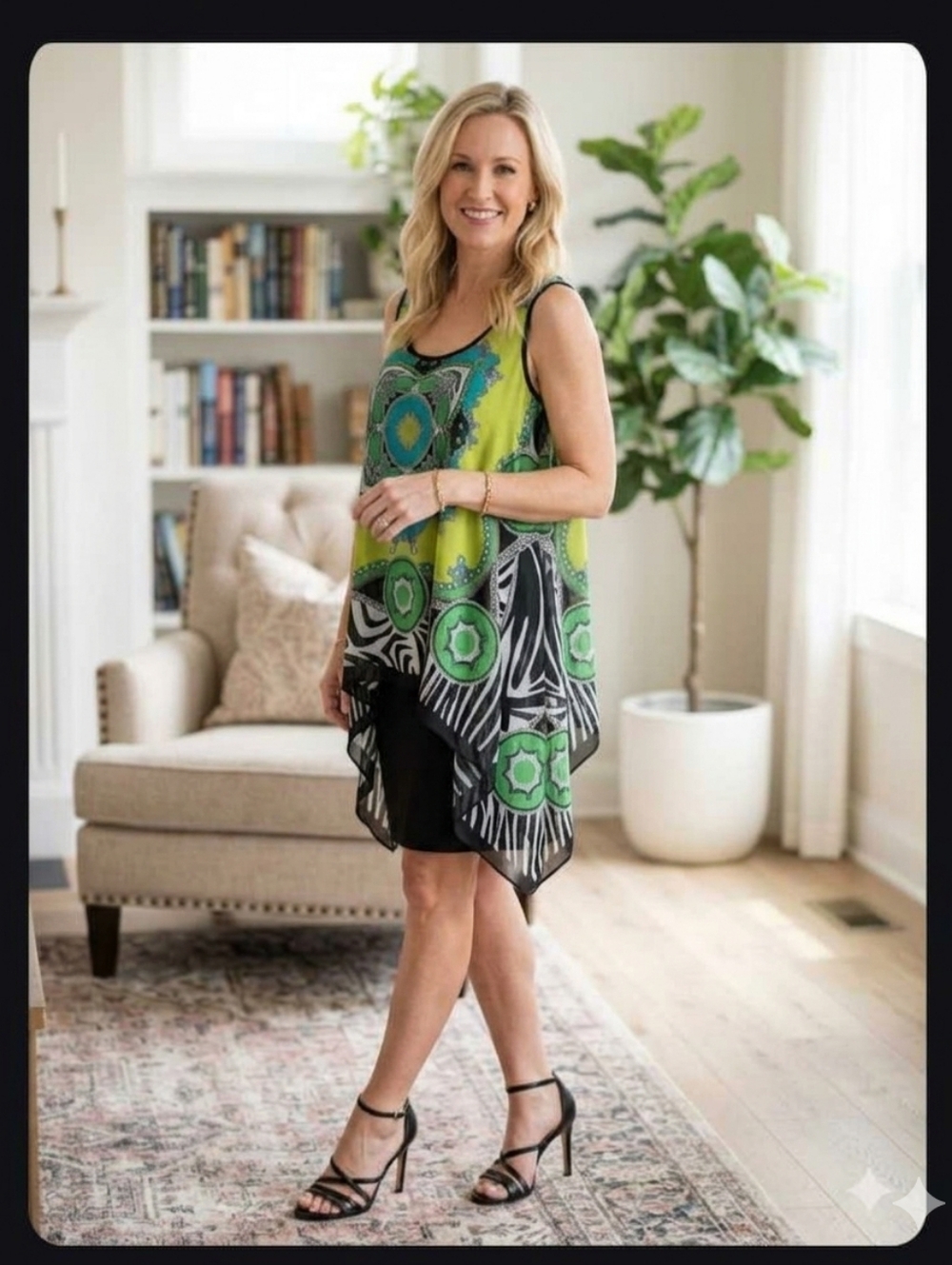 Vibrant Green/Black Sleeveless Dress With Handkerchief Scarf Overlay, Sz 6, EUC - Picture 2 of 7